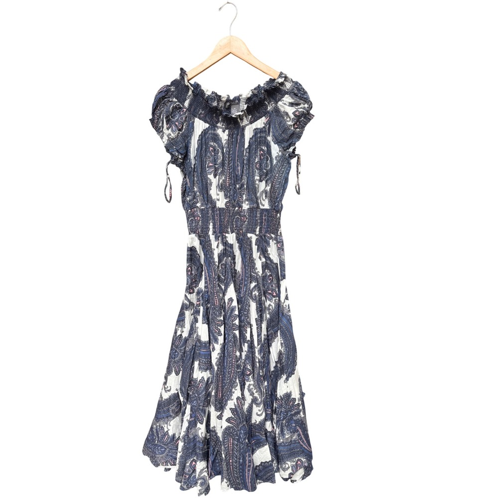Chelsea &‎ Theo Blue Paisley Smocked Off Shoulder Cotton Midi Dress Womens XL